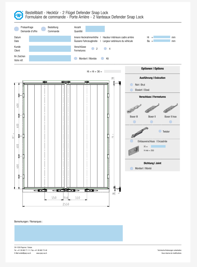 Formulaire de Commande Pour Porte Arrière 2 Vantaux Defender Snaplock (V2023)