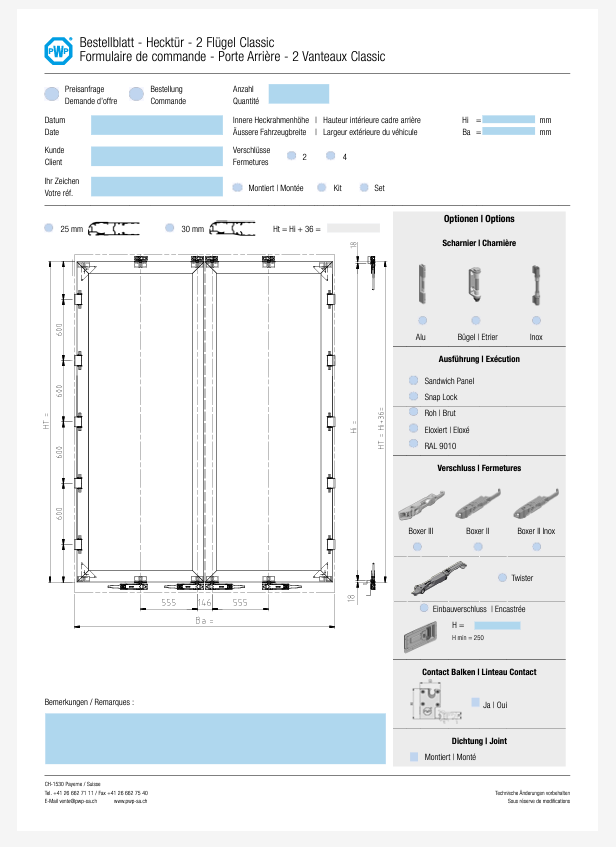 Formulaire de Commande Pour Porte Arrière Classic 2 Vantaux (V2023)