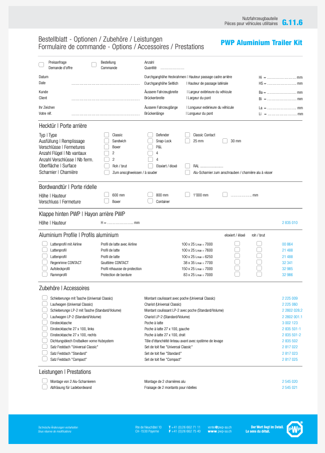 Formulaire de Commande Pour Trailerkit – Options / Accessoires / Prestations